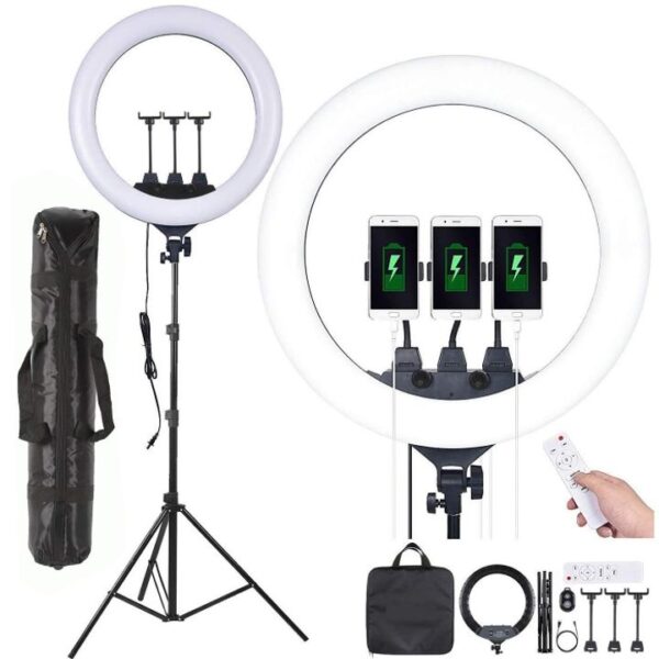 18 LED Ring Light with Tripod | 3 Phone Holders Remote Control