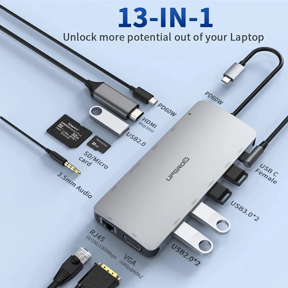 USB C Docking Station, MacBook HDMI Adapter 13-in-1 UPGROW Type-C Hub with 4K HDMI,VGA,USB 3.0&2.0, USB C:F, PD Charger, SD:TF, RJ45, Aux, USB C Ethernet Adapter Splitter for Most Type C