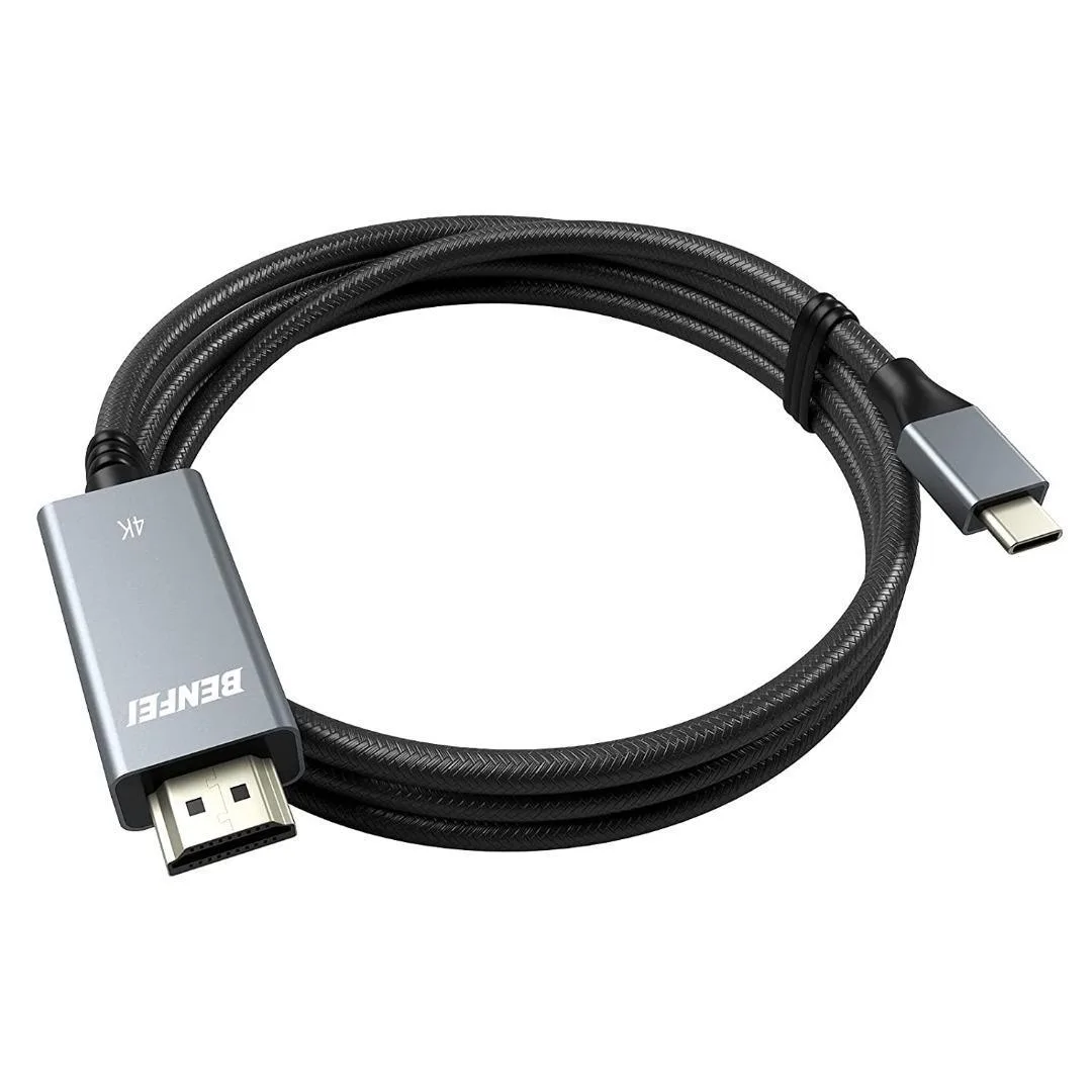 A 6ft USB-C to HDMI cable with braided nylon exterior for durability is compatible with Thunderbolt 3/4 for high-resolution video output.